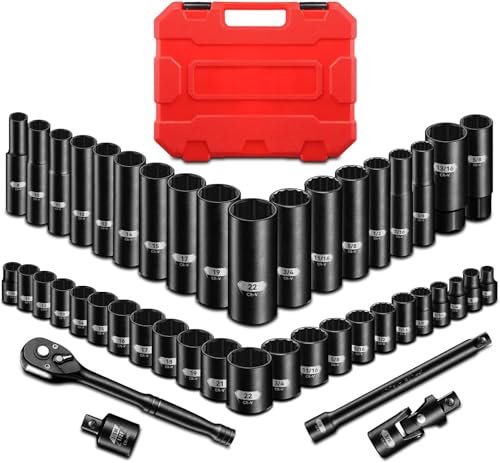 45-Tlg 3/8 Zoll Antrieb Schlagnuss-Satz, Metrisch (6-22 mm) und Standard SAE (1/4 - 3/4), 6-Punkt, 72-Zahn Ratschengriff, 6 Verlängerungsstange, Adapter, Universalgelenk, Zündkerzen-Nüsse