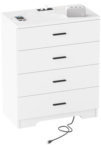 GEPELCN Dresser for Bedroom with Power Outlets Wood 4 Drawer Dresser with Large Organizer Tall Chest of Drawers Closet for Bedroom Living Room Kids Room Hallway