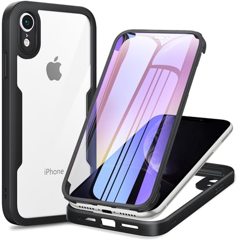 Phoona Funda para iPhone XR con Protector de Pantalla Transparente, 360 ​​Grados Carcasa Cuerpo Completo Protector Silicona Antigolpes, Funda Antiarañazos para iPhone XR, Negro
