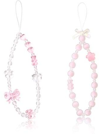 2pcs Phone Charm Bracelet Beaded Phone Strap Crystal Bear Bow Heart Flower | Colorful Acrylic Mobile Phone Y2K Charm Wrist Strap Handmade Anti-Lost Lanyard for Teen Girls Women Pink