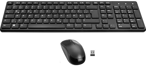 Speedlink SIGNIUM Deskset - Set Combo Teclado y Ratón Inalámbrico USB Wireless 2.4G, Diseño alemán QWERTZ, Funciona con Pilas, con Cable, Teclas multifunción, Sensor de 1200 PPP, Negro