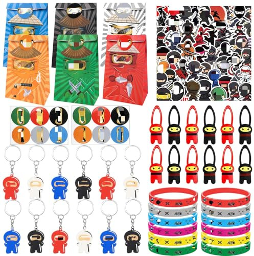 110 Stück Ni-ja Party Mitgebsel Kindergeburtstag, Jungen Geburtstag Mitgebsel 12 Geschenktüten 50 Stickers 12 Fingerschleuder 12 Schlüsselanhänger 12 Silikon Armbänder für Themed Party Geburtstag