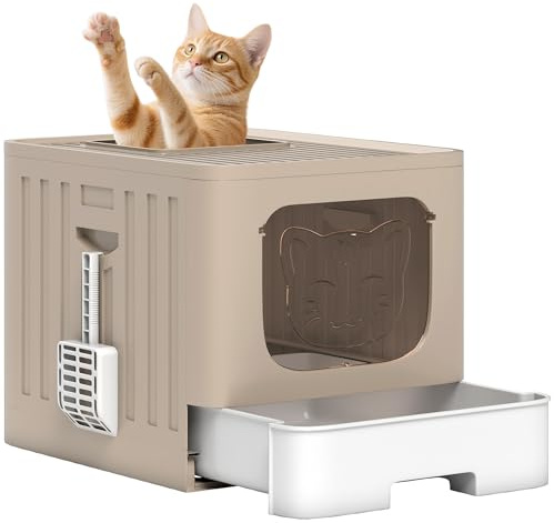 PawHut Cat Litter Tray, Cat Litter Box with Lid, Slide-Out Drawer Tray, Scoop, Easy Clean, Odour Control, Anti-Splashing, Khaki