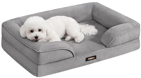 Feandrea Orthopädisches Hundebett, Hundekissen, 76 x 51 x 16 cm | erhöhter Rand, Schwamm, Bezug abnehmbar, waschbar, rutschfest,Taubengrau, BLOMFY Kollektion PGW321GD01