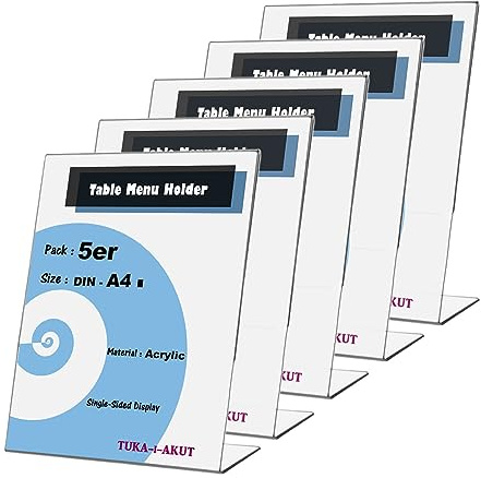 TUKA 5x Expositor de Mesa, A4 vertical, 2,5mm Acrílico Transparente, inclinado Soporte de sobremesa, Titular para Letreros de Folletos, Carteles, Fotos y Menús, Porta Carteles, TKD8200-A4-5x