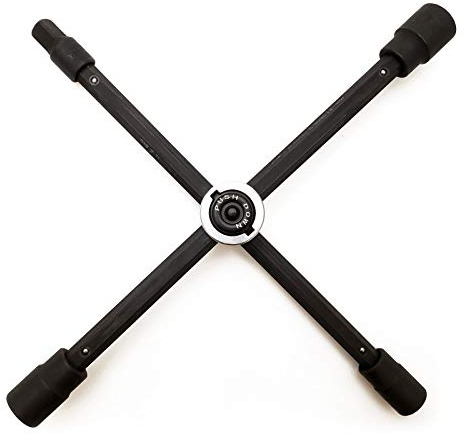 RockTrix 14 4-Way Adjustable Sliding Cross Lug Wrench for Tire Changing Bolt Nut Removal, Fits SAE Metric Lug Sizes 17mm 11/16 19mm 3/4 21mm 13/16 Black, Collapses for Compact Storage