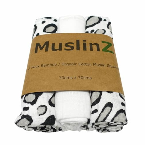 MuslinZ Lot de 3 Lange de Mousseline pour bébé 70 x 70 cm Bambou/Coton Bio imprimé léopard
