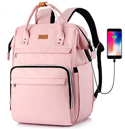 RJEU Sac à Dos Scolaires Filles,Sac à Dos Ordinateur Portable 15,6 Pouces Avec Port de Chargement USB et Poche RFID Pour Collège,école,Travail,Voyage(Rose)