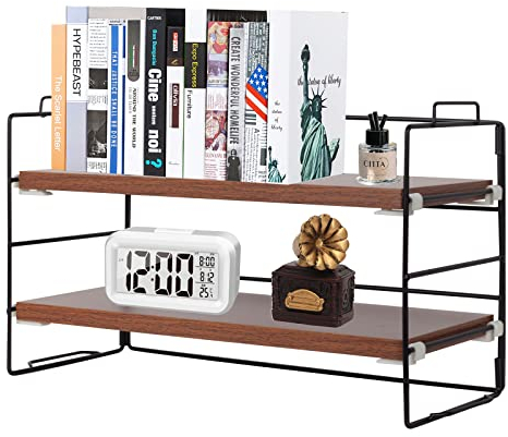 powerking Desk Shelf Organiser, 2 Tier Black Painted Metal Frame and Dark Teak Wooden Board Desktop Shelves, Multipurpose Display Bookcase Storage Rack for Table, Office and Reading Room