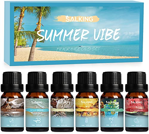 SALKING Summer Essential Oils Set, Aromatherapy Diffuser Oil Fragrance Oils Gift Set for Soap & Candle Making Scents - Ocean Breeze, Mojito, Coconut, Pineapple, Watermelon, Vanilla Ice Cream