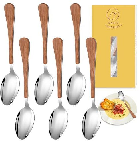Daily Treasures Table Spoon Set, 6pcs 17CM Edible Grade Stainless Steel Dessert Spoons,Imitation Wood Handle Dinner Spoon Set for Coffee Dessert Tea Home Kitchen Restaurant,Durable
