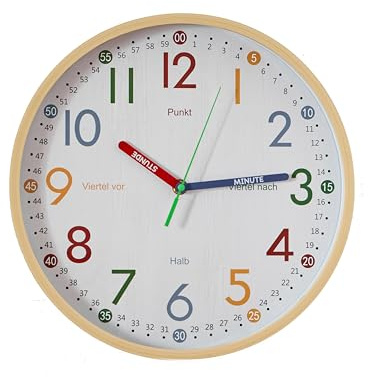 K&L Wall Art Lernuhr Kinder Wanduhr lautlos Kinderuhr Holzoptik Jungenuhr ohne Tickgeräusche Mädchenzimmer Uhr 30cm