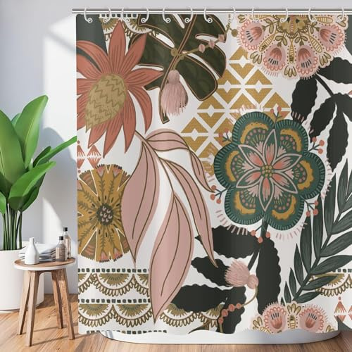 ASDCXZ Duschvorhang Boho Blumen 180x200 cm, Abstrakt Tropischer Pflanzen Rosa Grün Blumen Blätter Waschbar Bad Duschvorhänge Polyester Textil Wasserdicht Duschvorhang für Badewanne mit 12 Haken