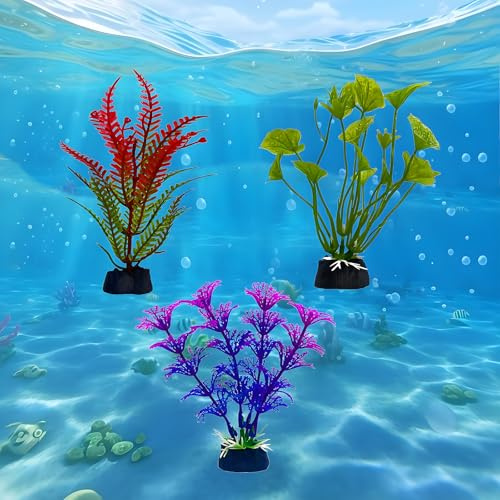 FloraMolly 3pcs Plante Aquarium, Plantes d'aquarium réalistes Faux Aquarium Artificiel Plantes décoratives-Vert Violet Rouge