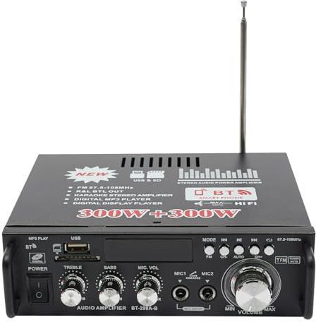 Amplificatore di potenza Mini Bluetooth Stereo Audio Receiver FM Radio con USB, SD,FM, ingresso microfono MP3,2, per riproduzione di musica e amplificazione a casa, nei caffè (220 V 50 Hz)