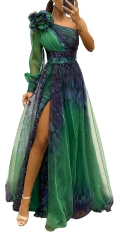 Shinroad - Abito stampato da donna con decorazione floreale 3D, a spalla unica, pieghe, in rete, per banchetti, a manica lunga, a vita sottile, a linea A, Atrovirens, L