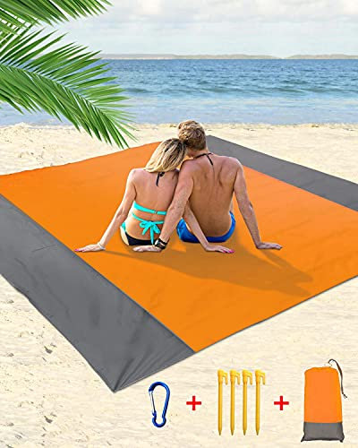 Zumhigh Beach Mat Picnic Blanket Waterproof Upgraded Extra Large Beach Blanket 210x200cm Picnic Blanket Beach Mat with 4 Fixed Nails for Beach Camping Hiking Compact Lightweight 83x79in Orange