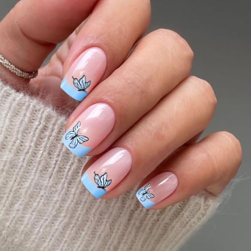 JMEOWIO Nagelfolie UV Härtend Blauer Schmetterlings French Tip UV Gel Nail Strips Nagelsticker Nagelaufkleber Nail Art Dekoration Nageldesign Zubehör