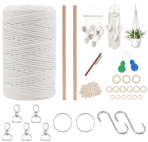 KINDPMA Makramee Garn 3mm x 200m Makramee Anfänger Set Natur Strickgarn für DIY-Häkelprojekt, Weben Böhmisches Dekor Hängepflanze Blumenampel Wandbehang (Beige)
