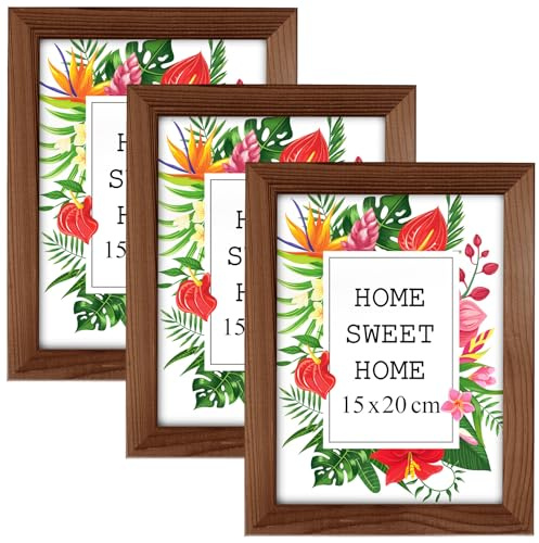 MG Design Set of 3 Wooden Picture Frame 6x8 inch (15x20 cm), Brown Real Wood Frame with Acrylic Glass, Vertical & Horizontal Hanging – for Photos, Posters, Certificates, Puzzles