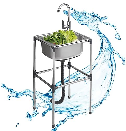 Lavello da cucina mobile in acciaio inox, vasca singola autoportante con rubinetto caldo e freddo, stazione di lavaggio a mano portatile, per ristorante, bar, hotel, 42 x 37 x 75 cm