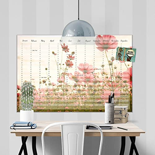 banjado® Wandkalender abwischbar aus Glas 75x50 cm/Jahresplaner abwischbar mit Motiv Blumenmeer/langlebiger Jahreskalender, Urlaubsplaner & Familienplaner abwischbar