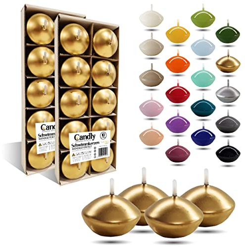 CANDLY HANDMADE© 10x Schwimmkerzen Premium Ø 45mm | Geburtstag & Namenstag, Hochzeit, Hochzeitsempfang, Valentinstag, Ostern, Weihnachten, Elegante Haus Dekoration, Candles, Kerzen (Golden)