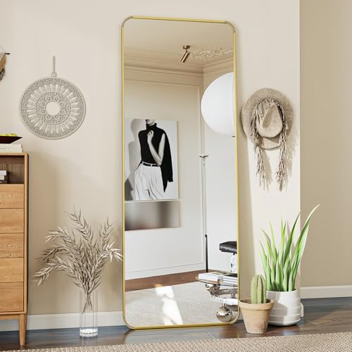 Koonmi Standspiegel mit abgerundeten Ecken, 53 x 163 cm runden Ecken Ganzkörperspiegel mit Ständer, großer Fußboden Standspiegel Ganzkörperspiegel Wand Hänger für Schlafzimmer, Wohnzimmer, Gold