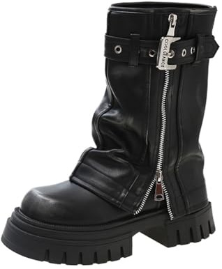 Stivali da Donna Autunno e Inverno, Cavaliere Stile Retrò, Testa Rotonda, Fondo Spesso, Corti, Casual, Biker, Occidentali