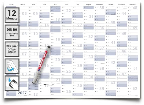 XXL Jahresplaner 2027 abwischbar – Wandkalender DIN B0 (140 x 100 cm, gerollt) inkl. 1 Marker | Großer Wandplaner & Kalender in deutscher Sprache für Büro & Zuhause von Gigatime