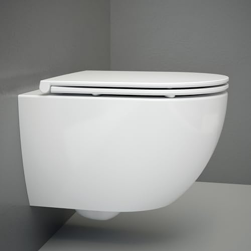 UDiseño WC suspendu sans bord | WC mural compact haut de gamme 48 cm | Sans bord et silencieux Superspin | Avec siège à fermeture douce et kit de montage | Économe en eau | Pour petites salles de