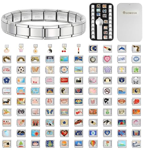 GEMOSA Pulsera italiana personalizada, 10 abalorios, acero inoxidable y plata, eslabones ajustables hasta 6.75 pies con herramienta, luna, estrella, animales, corazón, flores