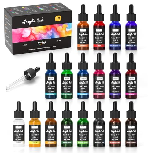 Nicpro Set Di Inchiostri Acrilici 18 Colori, 30 ml Con Contagocce, Inchiostro Acrilico Liquido Ad Asciugatura Rapida, Inchiostri Da Disegno Acrilico per Disegni A Inchiostro, Arte De Colata, Aerografo