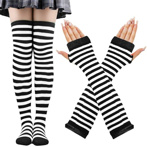 CWENDANER Rainbow High,Overknee Strümpfe Damen Mädchen Socks Lange Socken Voleiballsocken Sportsocken mit Fingerlosen Handhandschuhe Set für Party, Halloween Kostüme, blanco y negro, 12-60