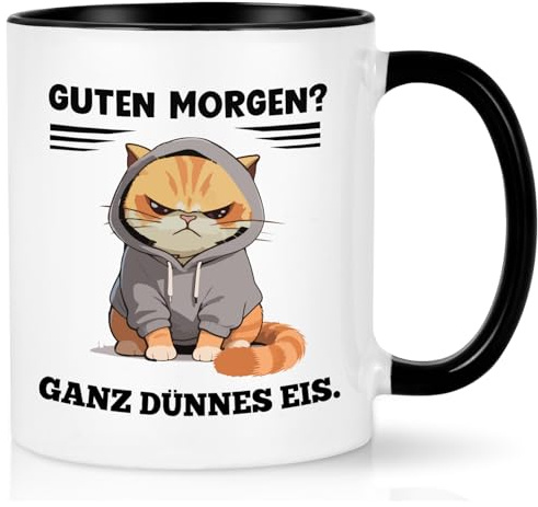 Joymaking Lustige Tasse Katze mit Spruch - Guten Morgen? Ganz dünnes Eis - Katzentasse Witz Geschenkidee für Verschlafen Morgenmuffel, 320ML Schwarz