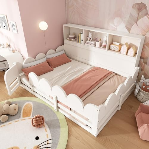 Kinderbett Bodenbett 140x200, Montessori Bett mit Rausfallschutz&Lattenrost, Hausbett mit 3 Staufächer&Tür, Gitterbett Doppelbett Holzbett Bettgestell Spielbett, Kiefernholz, Ohne Matratze, Weiß