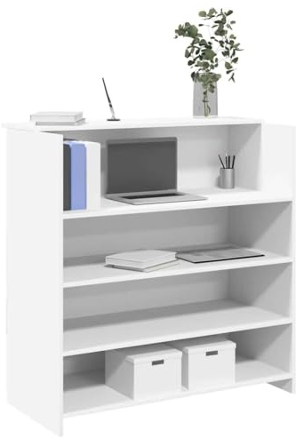 Ordellia Bancone per ricevimento, in legno, bianco, 100 x 50 x 103,5 cm, con spazio e ripiani per ufficio, casa, studio, ergonomico e salvaspazio