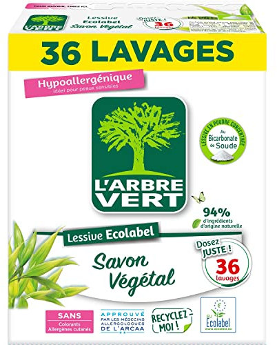L'Arbre Vert Lessive Poudre Savon Végétal - ECOLABEL - Hypoallergénique - 36 Lavages - 94% d'ingrédients d'origine naturelle - 1.8Kgs