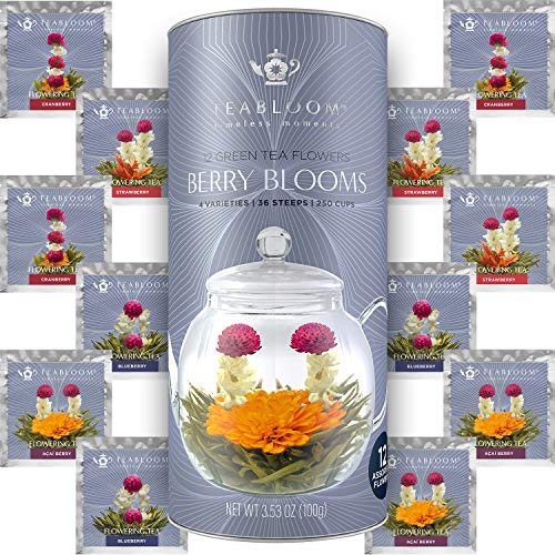 Boules de thé vert aux baies rouges Teabloom en cartouche cadeau de 12 fleurs – 4 variétés de thé sculpté aux baies rouges : canneberge, myrtille, baie d’açaï et fraise + thé vert