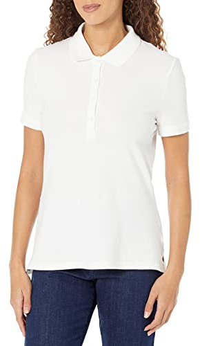 Amazon Essentials Women's Short-Sleeve Polo Shirt (Available in Plus Size), White, L