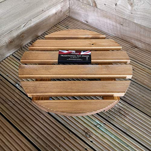 Tom Chambers Handcrafted Heavy Duty Round Traditional Wood Garden Patio Plant Flower Pot Stand Caddy Trolley on Strong Metal Castor Wheels Large 50cm