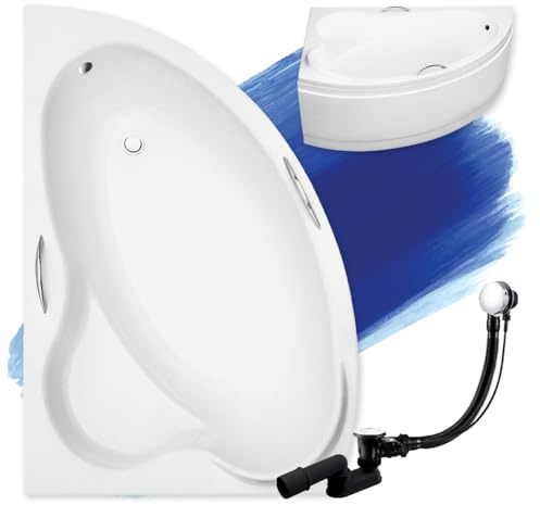 BADLAND Original Eckbadewanne Weiß Acryl Wanne Badewanne Ada 140x90 cm KOMPLET KOMPLETTSET SET Acrylschürze, Handgriffen, Füßen und Premium Chrom Automatik Ablaufgarnitur Made in EU 4in1