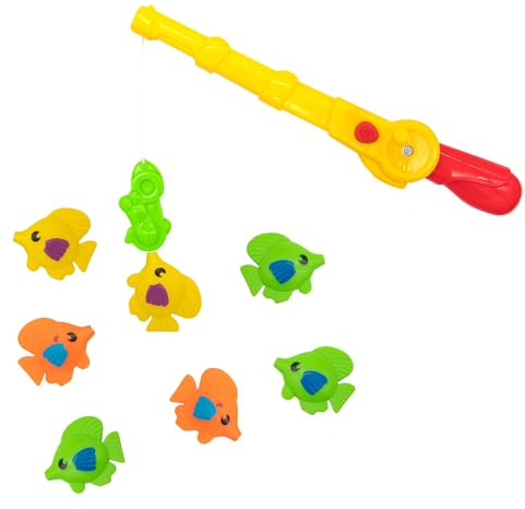 Idena 40616 - Magnetisches Angelspiel, 8-teiliges Badespielzeug mit 7 bunten Gummifischen und einer Magnetangel, Wasserspielzeug für Kinder ab 3 Jahren
