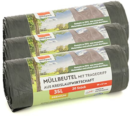 Müllbeutel mit Tragegriff, grau, 95% recyceltes Material (Grau 35 L 3er)