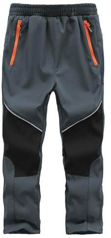 Zzkouine Pantaloni Sci Bambino Pantaloni Trekking Softshell da Neve, Impermeabili e Anti Vento Pantalone Bambini con Fodera in Pile, Grigio/Nero 146-152