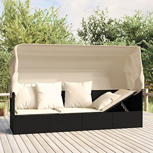 Rantry Gartensofa mit Sonnendach und Kissen Gartenliege Möbel mit Sonnenschutz Sofabett Sonnenliege Sofa Bett Gartenliege Möbel Gartensofa Schwarz und Cremeweiß Poly Rattan