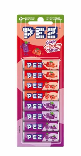PEZ Blister de 8 bonbons RAISIN/FRAISE - Carton de 12 blisters contenant - 4 recharges Raisin & 4 recharges Fraise -Pour recharger les distributeurs PEZ
