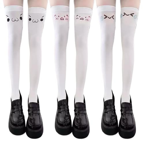MILLEVIBE Kawaii Thigh High Socks 3 Pcs- Cute Japanese Cat Anime Kaomoji Aesthetic Over-Knee Stockings for Women (02)