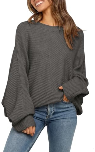 Fessceruna Damen Pullover Oversize Fledermausärmel Strickpullover | Winter,Rundhals,Pulli Geripptes,Sweatshirt,Einfarbig,Obertiele,longpullover,Sweater