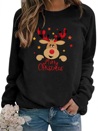 WIEIYM Sweat-shirt de Noël à manches longues imprimé col rond pull de fête automne hiver manches longues blouse tops extensibles légers sweatshirts basiques confortables haut, H-Black., L